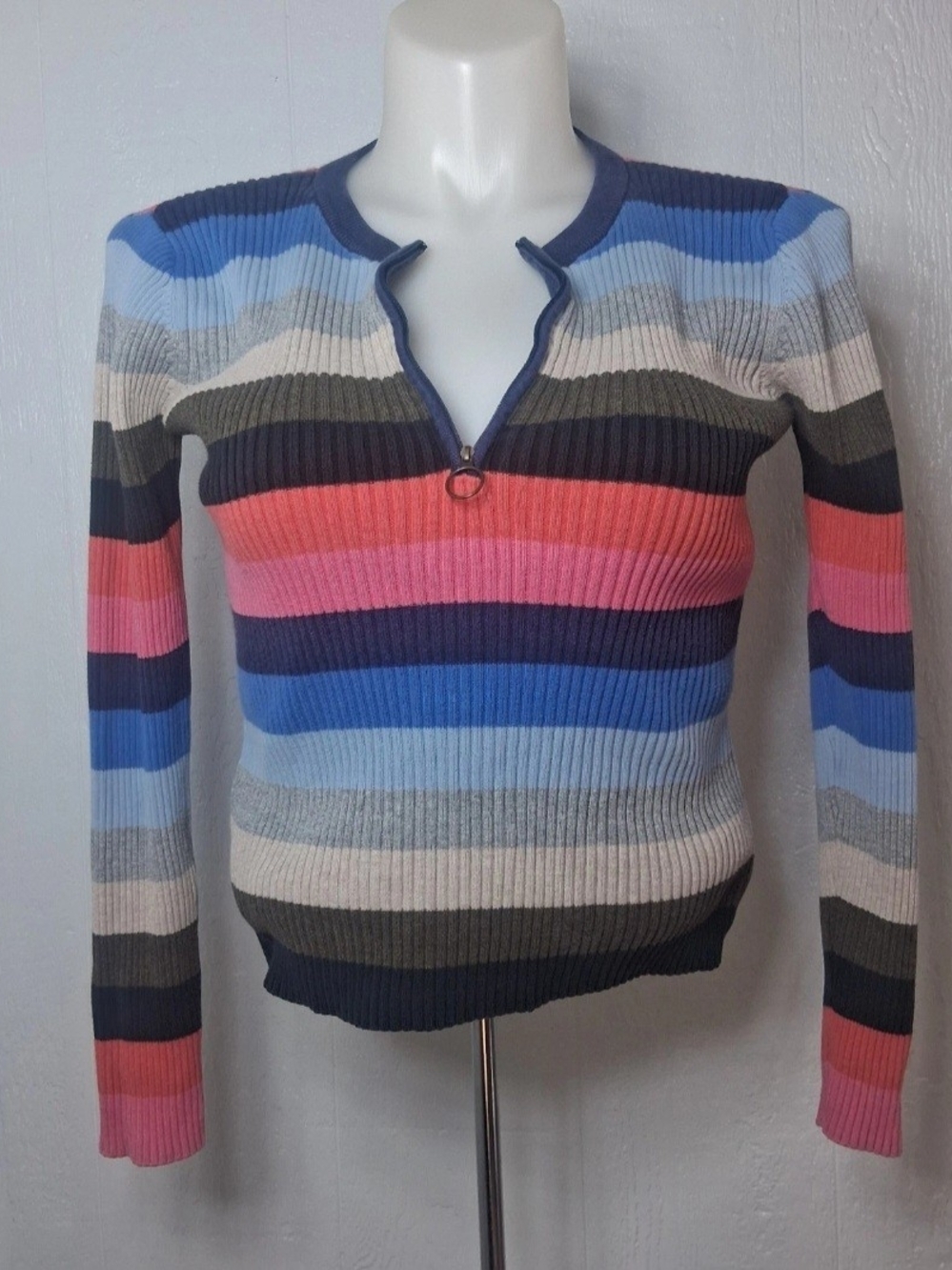 Vintage Y2K Tommy Hilfiger Womens 1/4 Zip Striped Sweater Ribbed Knit Barbiecore
